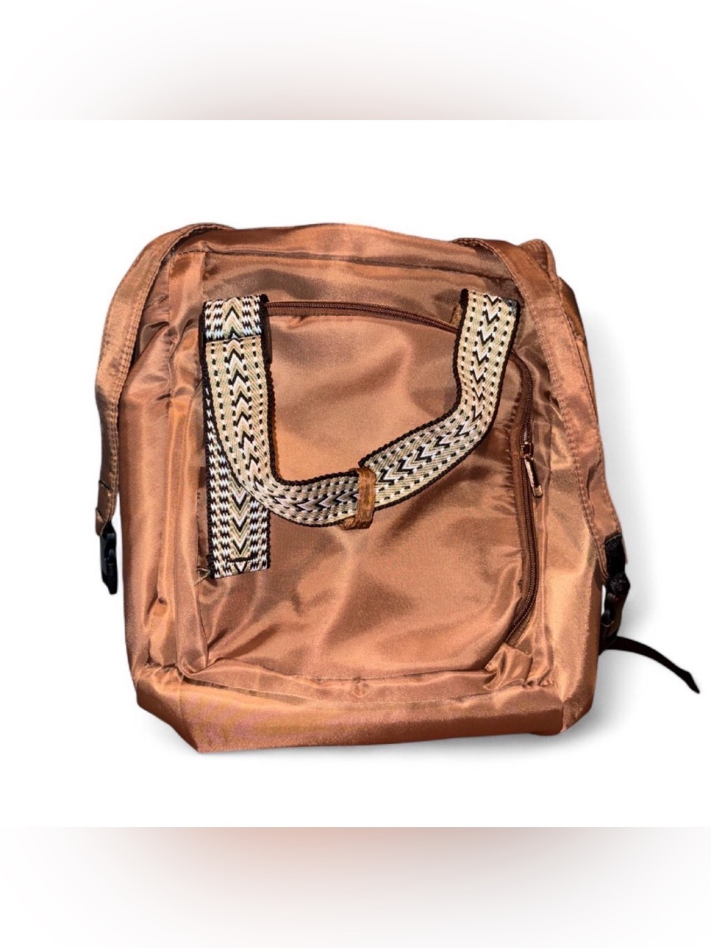 Tan Satin Crossbody Backpack with Patterned Strap